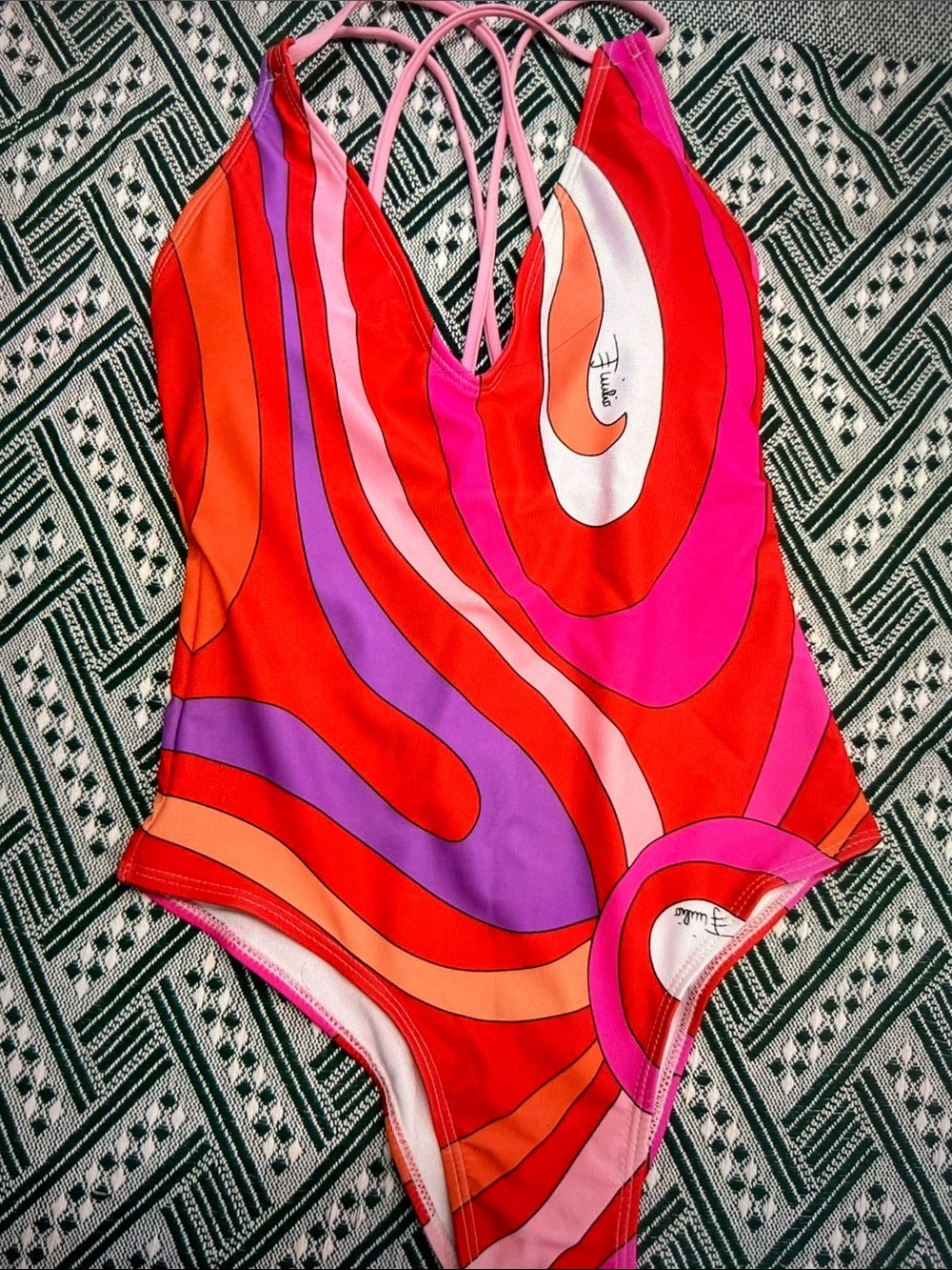 Emilio Pucci Red Pink Orange Abstract Swirl One-Piece - Picture 6 of 9